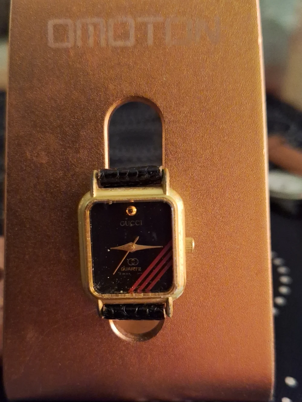 Gucci Black Dial Gold-Tone Rectangular Women's Watch with Red Stripe